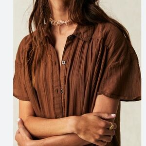 Free People Float Away Brown Button-Up Blouse 100% Cotton Size Medium